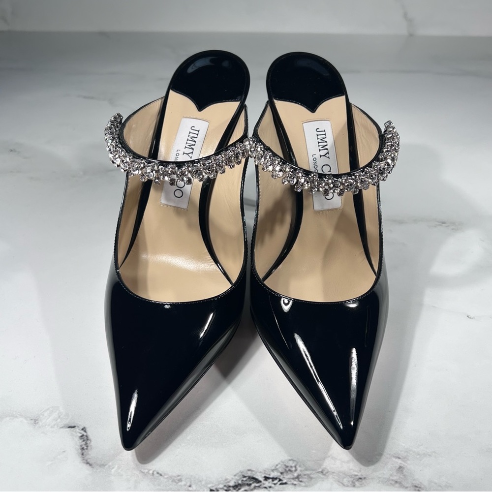 Jimmy Choo Bing 100 Black Patent Leather Crystal Strap Embellished Mule Heels